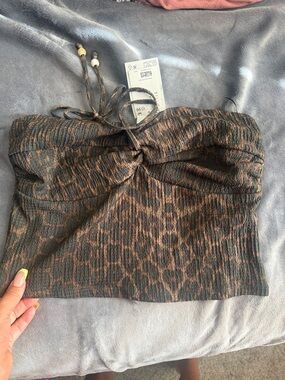 H&M Brown and Black Leopard Print Strapless Crop Top